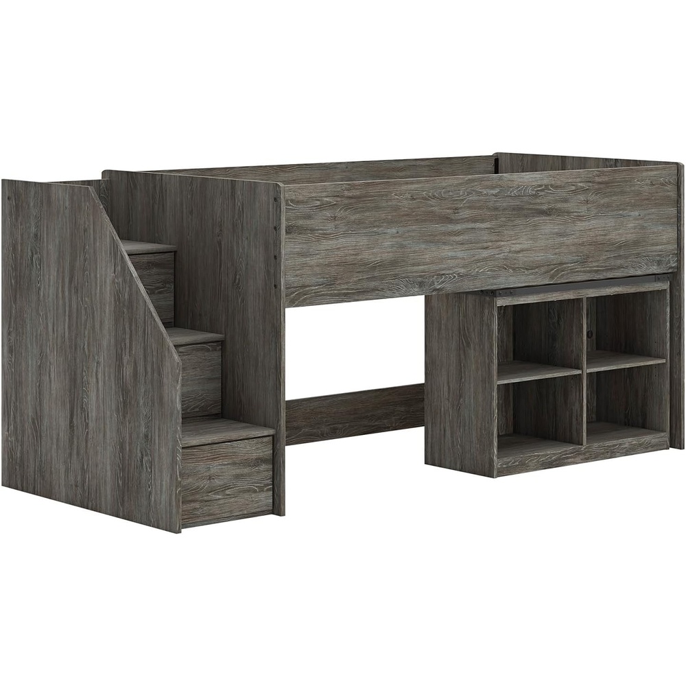 imageSignature Design by Ashley Frandern Twin Size Loft Bed with Bookcase Storage SpaceSaving Bedframe for Kids and Teens Bedrooms Rustic Warm Gray Finish