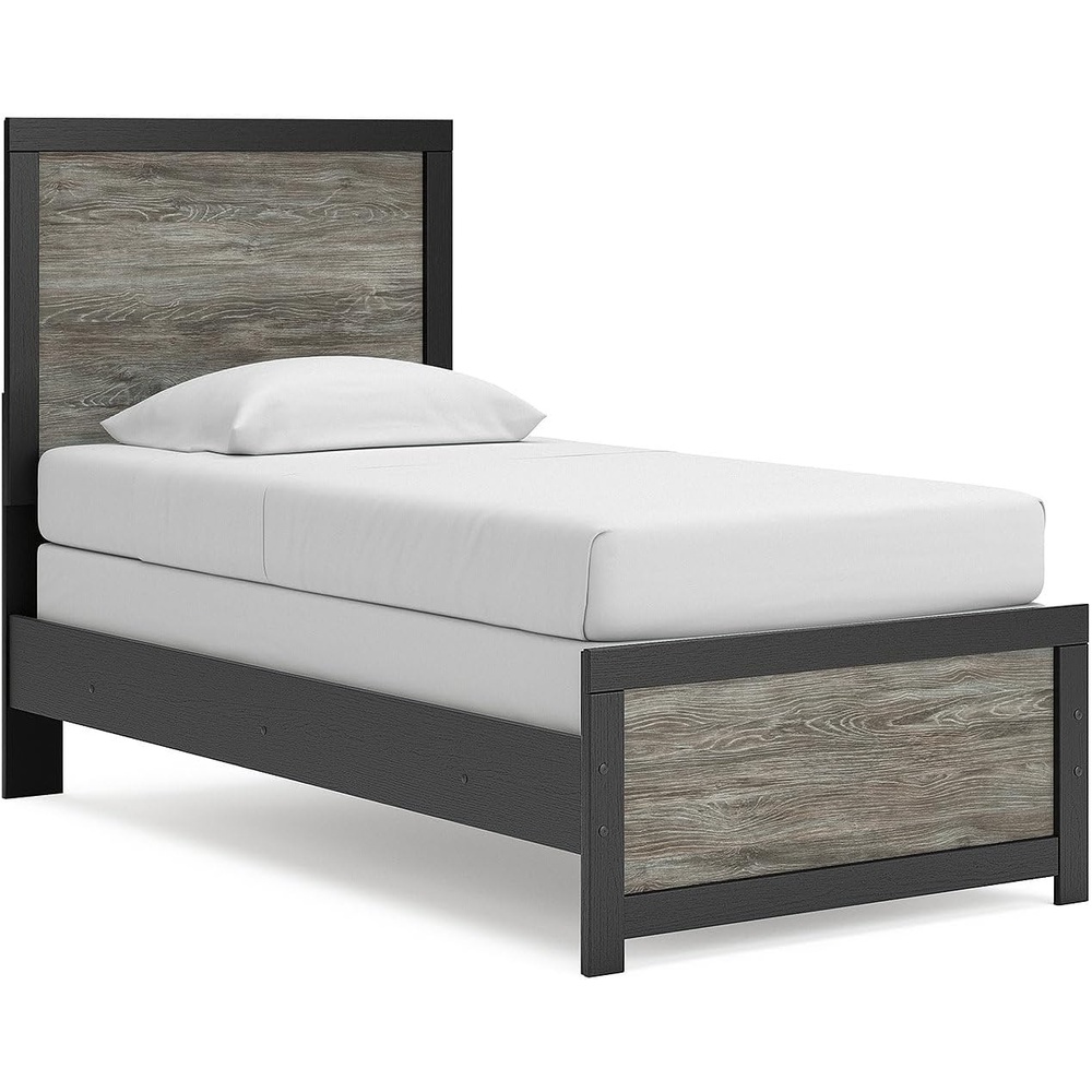 imageSignature Design by Ashley Jonnifer Twin Bed Frame with Headboard TwoTone Textured Panel Design Engineered Wood and Decorative Laminate Bedroom Furniture Warm Gray and Matte Black