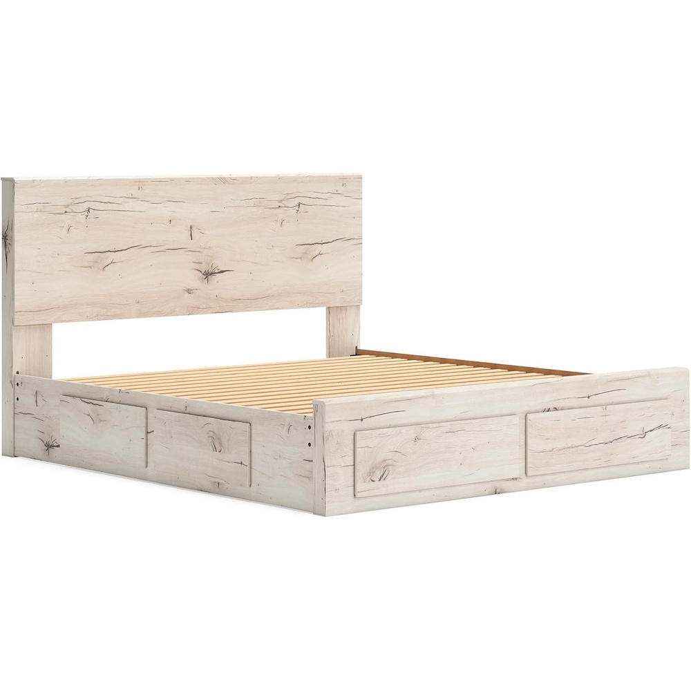imageSignature Design by Ashley Lawroy King Platform Bed Frame with Storage Drawers Panel Headboard and Footboard Farmhouse Bedroom Furniture Rustic WhiteKing