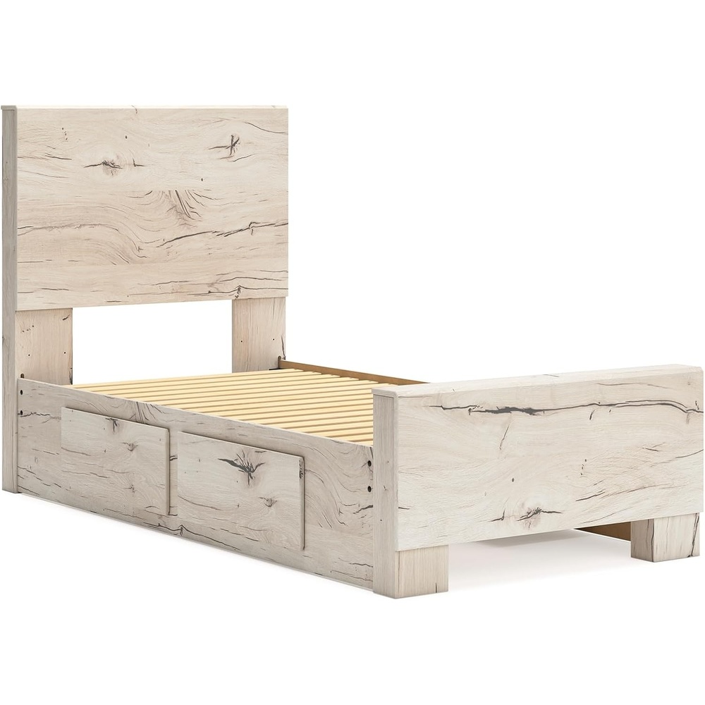 imageSignature Design by Ashley Lawroy King Platform Bed Frame with Storage Drawers Panel Headboard and Footboard Farmhouse Bedroom Furniture Rustic WhiteTwin
