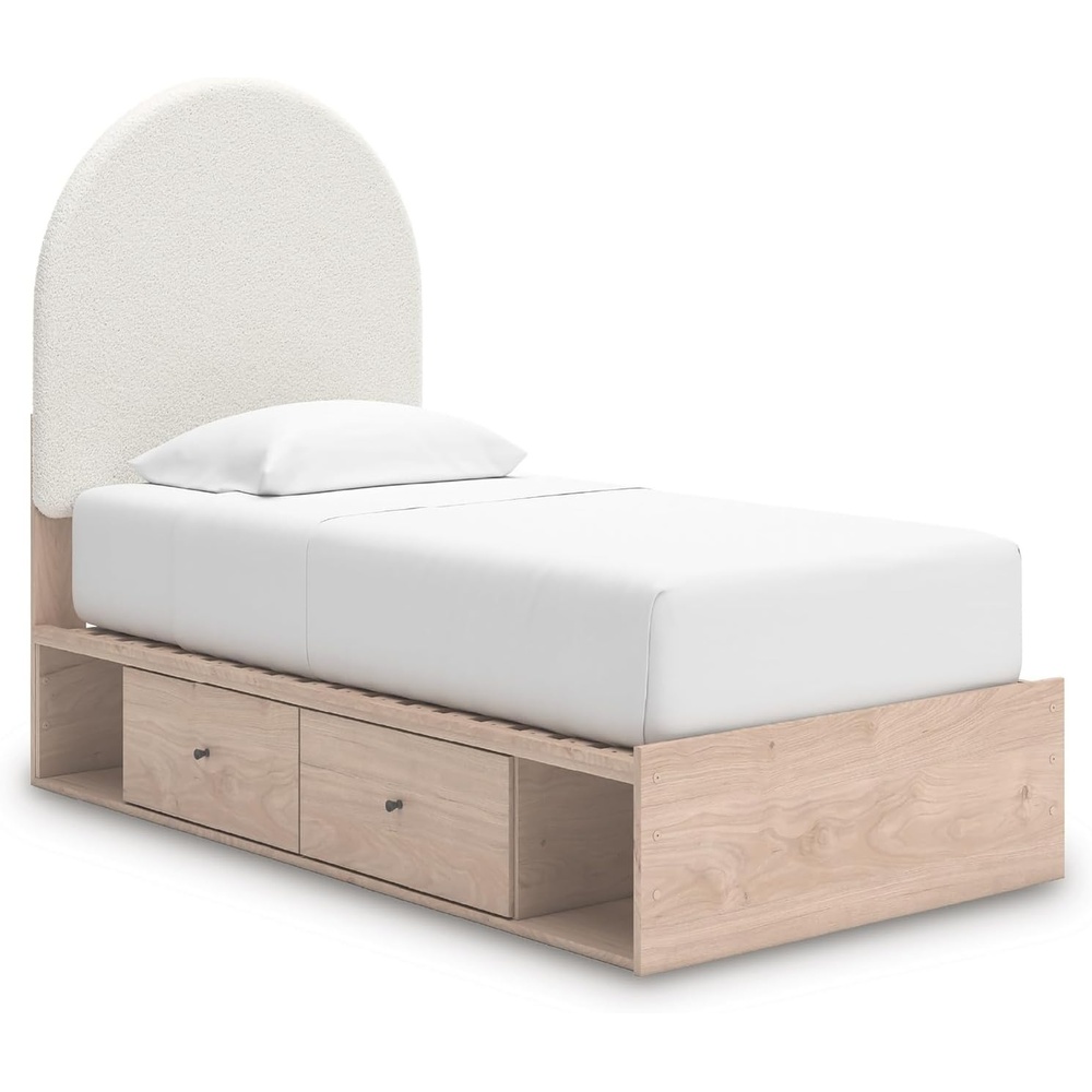 imageSignature Design by Ashley Shapella Twin Storage Upholstered Platform Bed Frame with Drawers Organic Shaping Kids Bedroom Furniture Tan and White Bedframe