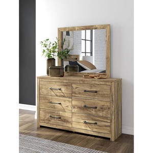 Signature Design by Ashley Branstony Dresser and Mirror Set, Bedroom Storage with 6 Smooth-Gliding Drawers, Replicated Oak Grain Finish, Modern Farmhouse Style