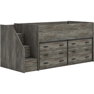 Signature Design by Ashley Frandern Twin Loft Bed, 6-Drawer Storage Steps, Engineered Wood, Rustic Warm Gray Finish, Space-Saving Bedroom Storage Solution