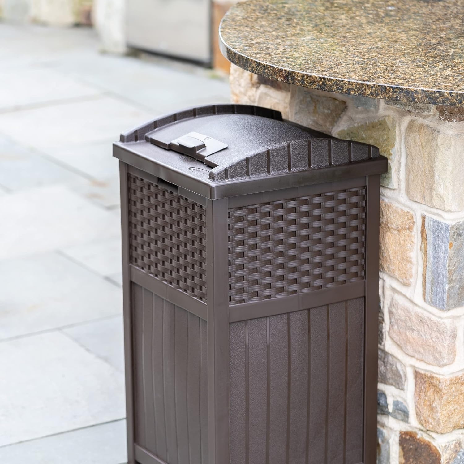 imageSignature Ashley Outdoor Wicker Barstools 2 Count and Suncast 33 Gallon Resin Outdoor Trash Can