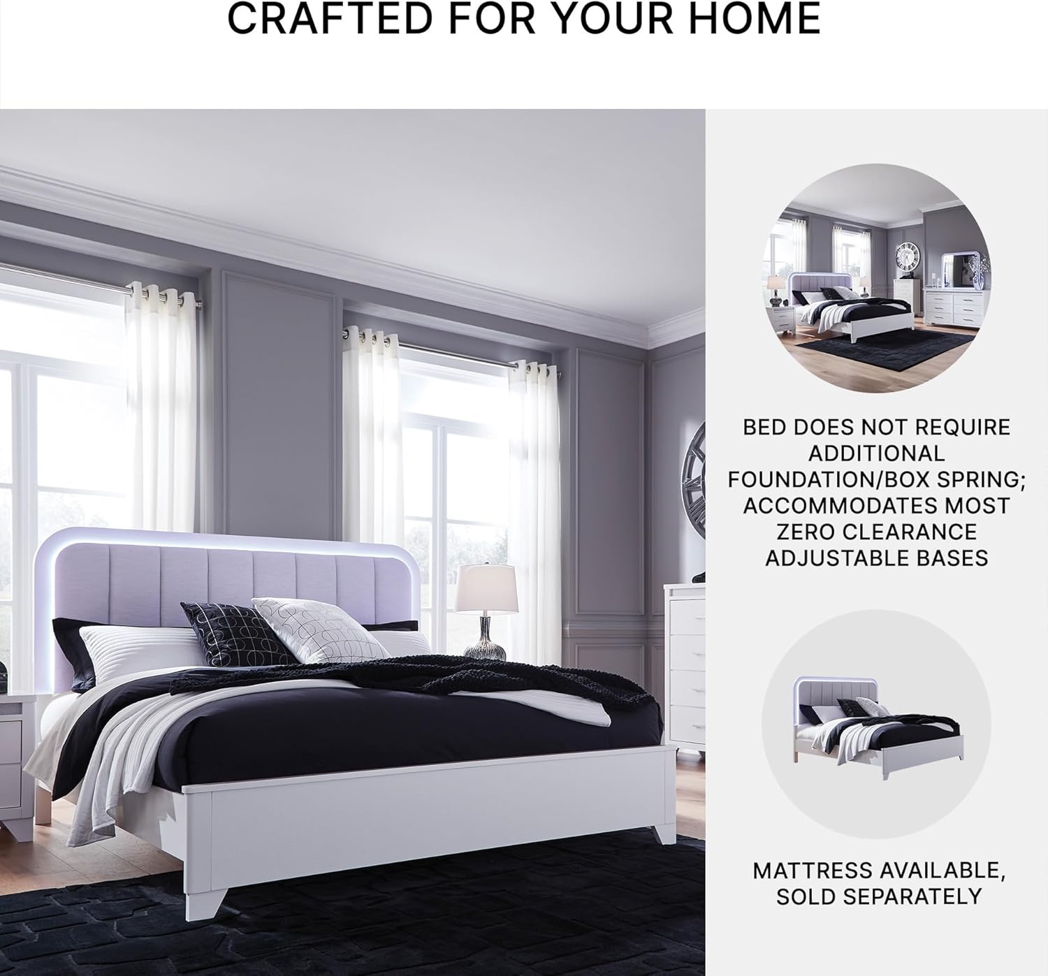 imageSignature Design by Ashley Frostlyn Modern 6Drawer Dresser and Mirror with LED Lighting and 3Way Dimmer Switch WhiteCalifornia King Upholstered Panel Bed