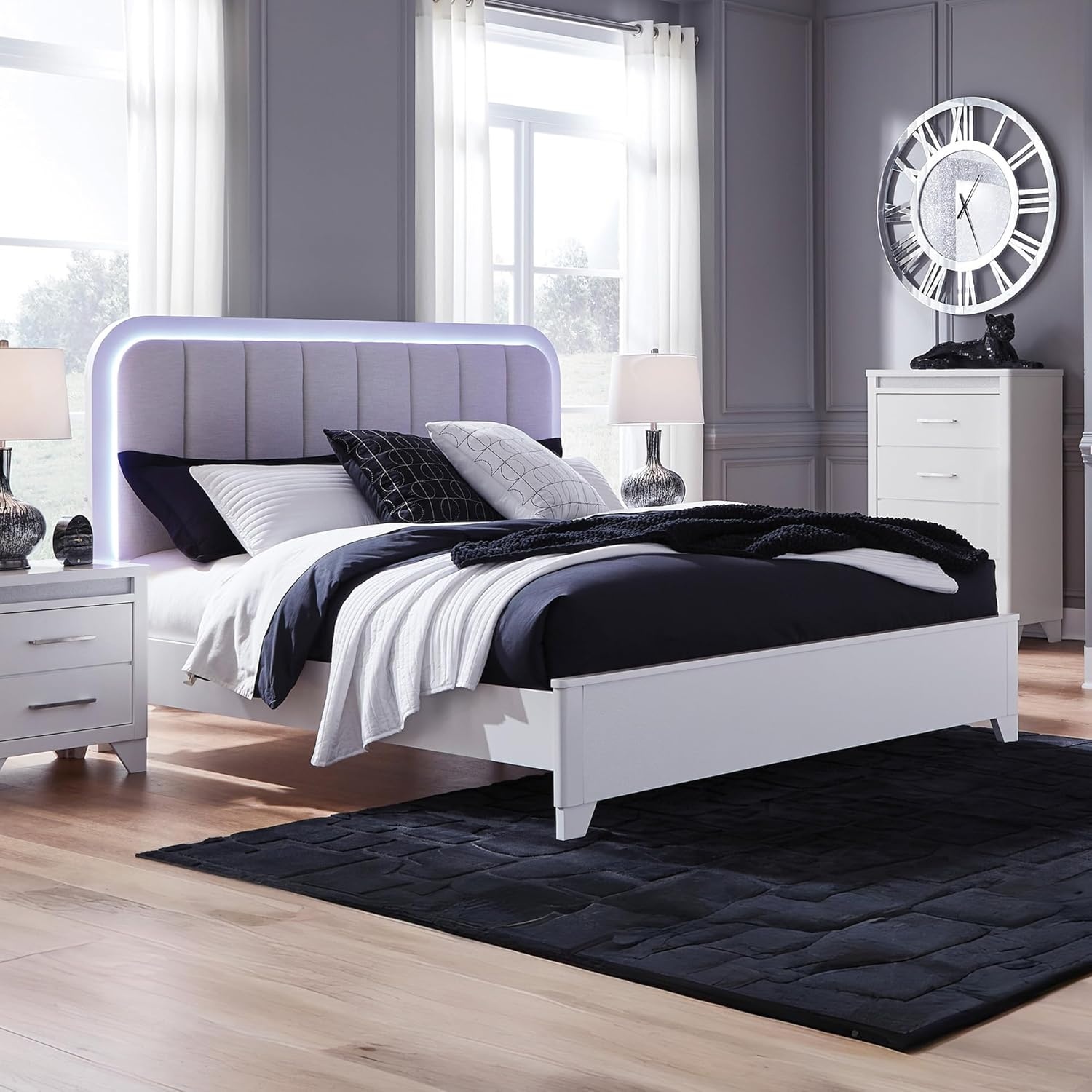 imageSignature Design by Ashley Frostlyn Modern 6Drawer Dresser and Mirror with LED Lighting and 3Way Dimmer Switch WhiteCalifornia King Upholstered Panel Bed