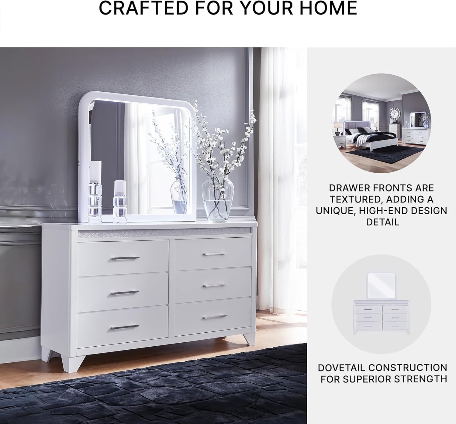 imageSignature Design by Ashley Frostlyn Modern 6Drawer Dresser and Mirror with LED Lighting and 3Way Dimmer Switch WhiteDresser and Mirror