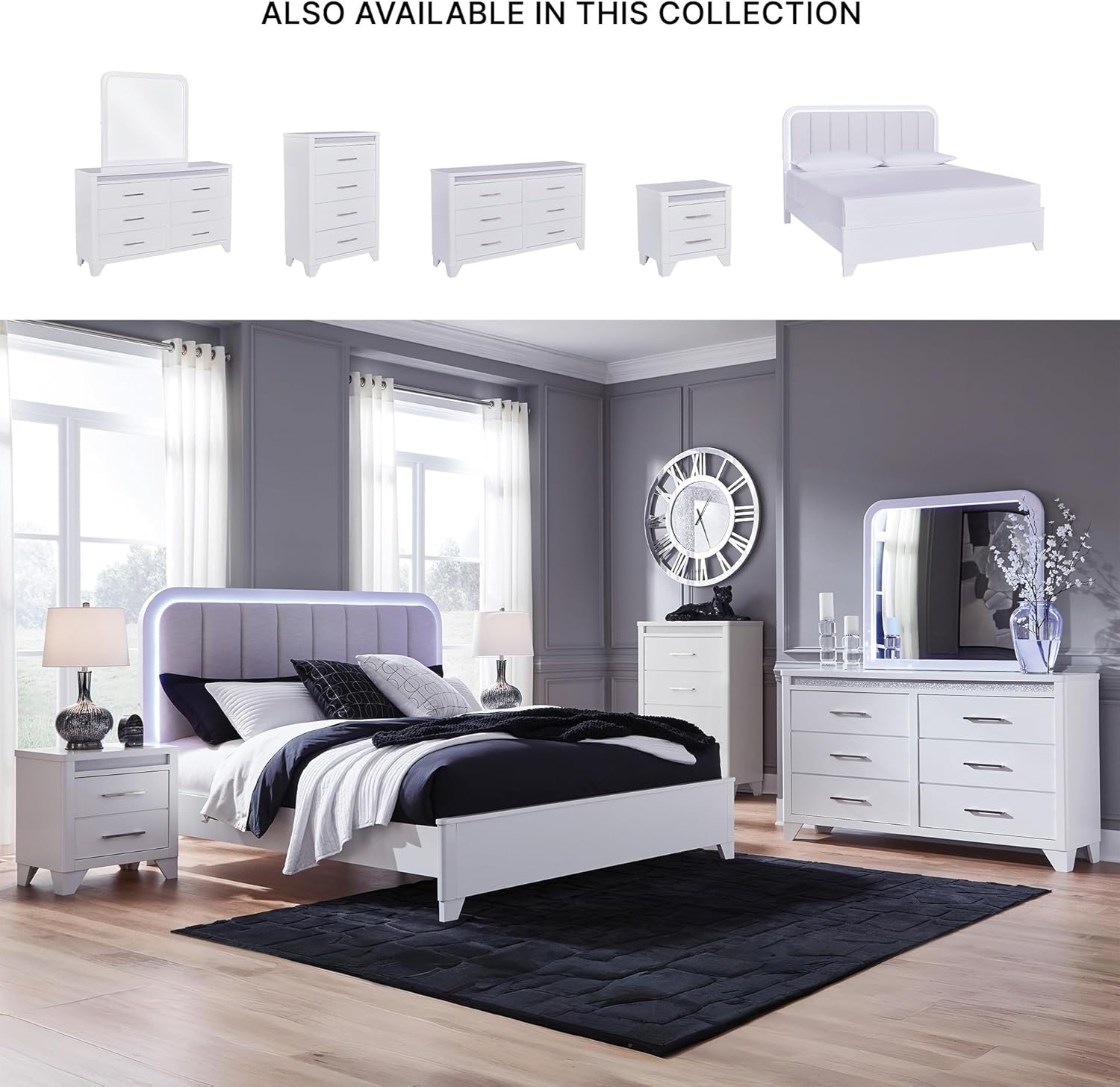 imageSignature Design by Ashley Frostlyn Modern 6Drawer Dresser and Mirror with LED Lighting and 3Way Dimmer Switch WhiteDresser and Mirror