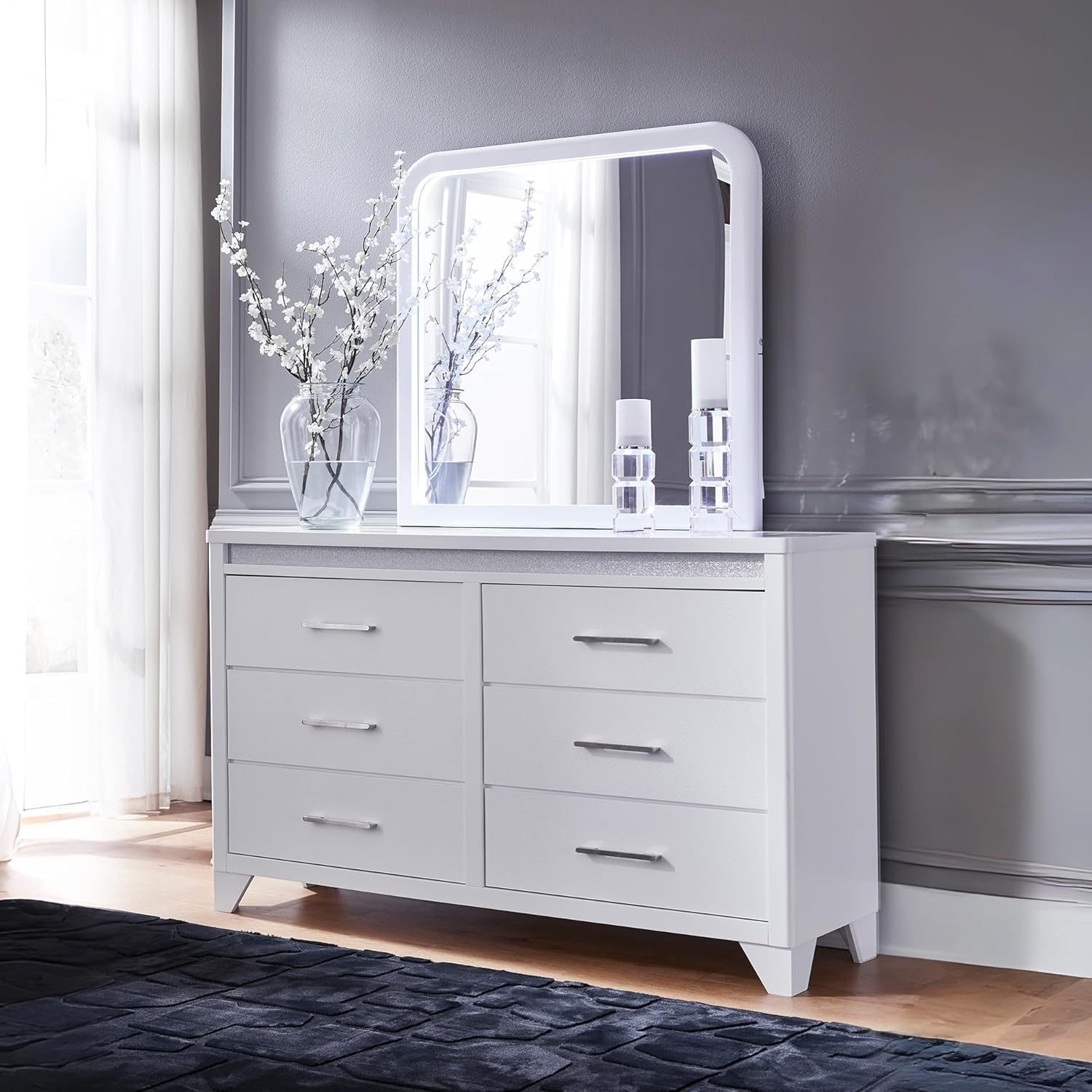 imageSignature Design by Ashley Frostlyn Modern 6Drawer Dresser and Mirror with LED Lighting and 3Way Dimmer Switch WhiteDresser and Mirror