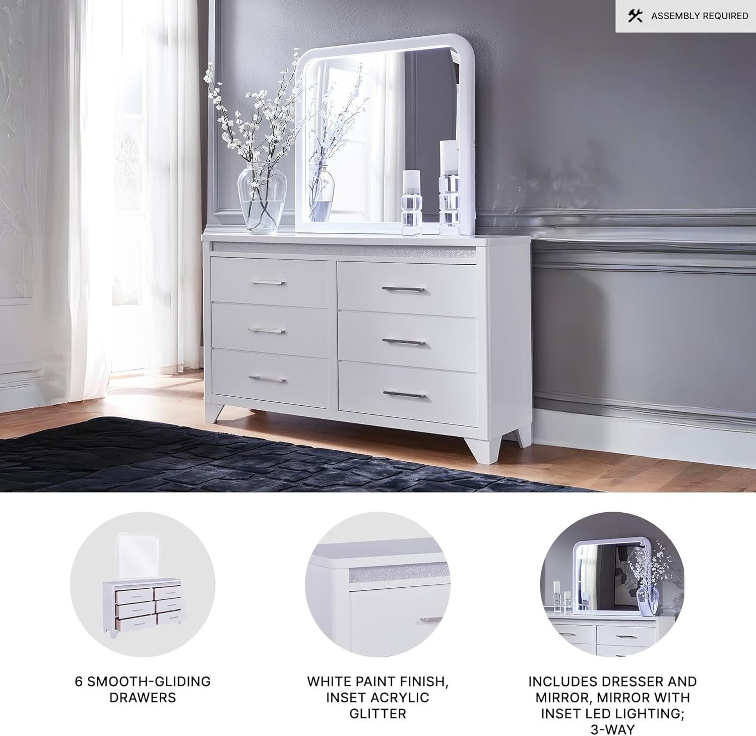 imageSignature Design by Ashley Frostlyn Modern 6Drawer Dresser and Mirror with LED Lighting and 3Way Dimmer Switch WhiteDresser and Mirror