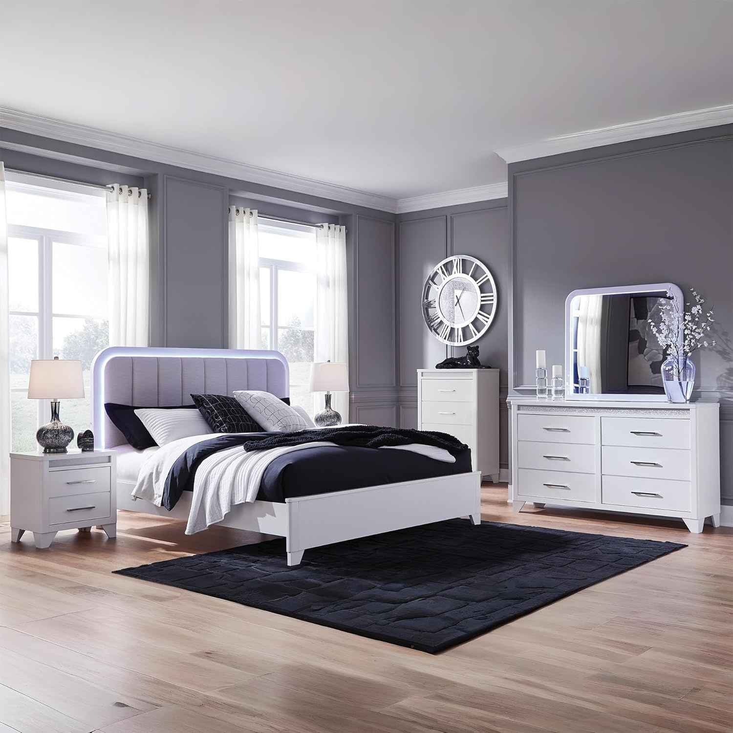 imageSignature Design by Ashley Frostlyn Modern 6Drawer Dresser and Mirror with LED Lighting and 3Way Dimmer Switch WhiteDresser and Mirror