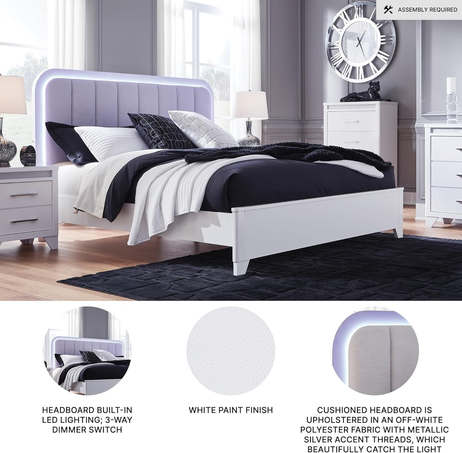 imageSignature Design by Ashley Frostlyn Modern 6Drawer Dresser and Mirror with LED Lighting and 3Way Dimmer Switch WhiteKing Upholstered Panel Bed