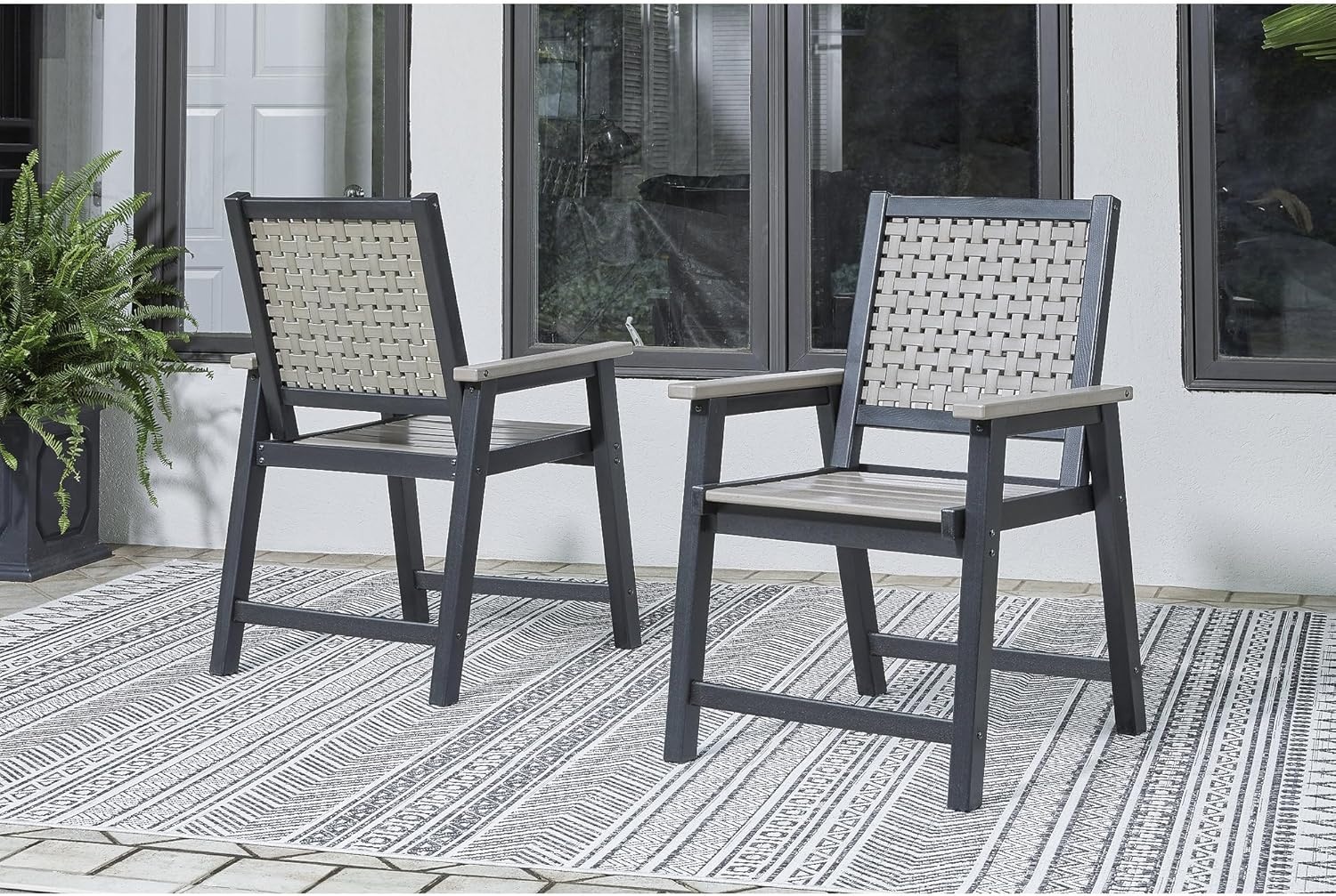 imageSignature Design by Ashley Mount Valley Contemporary Outdoor Dining Table with Umbrella Option Light Gray amp BlackArm Chair