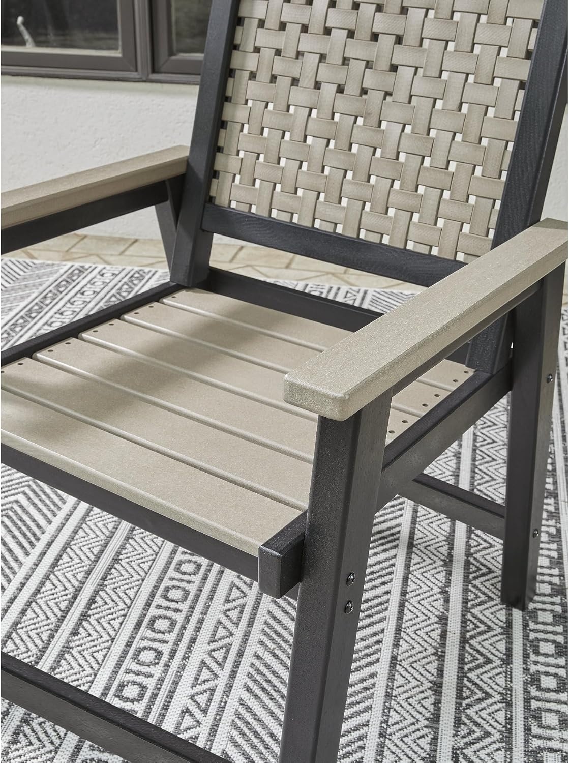 imageSignature Design by Ashley Mount Valley Contemporary Outdoor Dining Table with Umbrella Option Light Gray amp BlackArm Chair