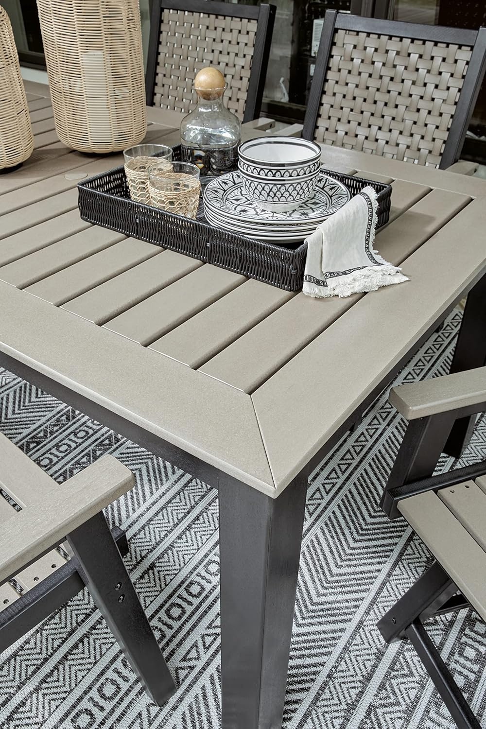 imageSignature Design by Ashley Mount Valley Contemporary Outdoor Dining Table with Umbrella Option Light Gray amp BlackDining Table