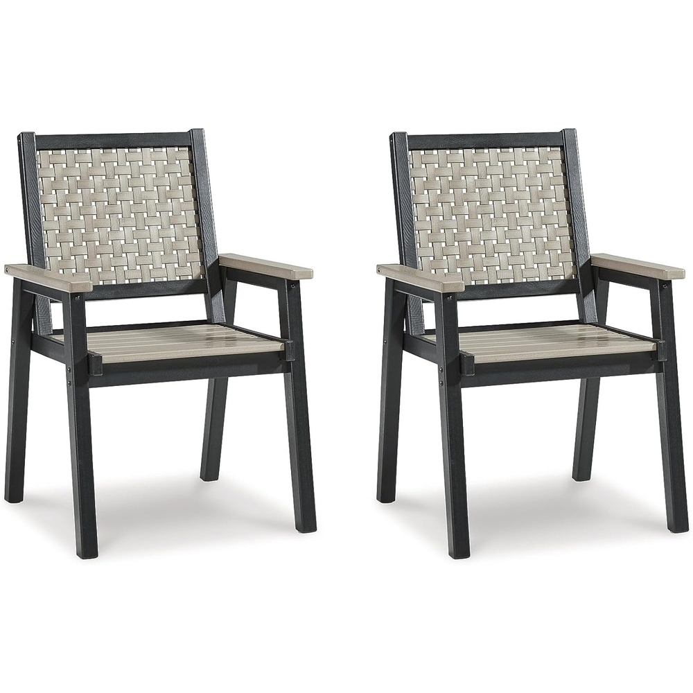 imageSignature Design by Ashley Mount Valley Contemporary Outdoor Dining Table with Umbrella Option Light Gray amp BlackArm Chair