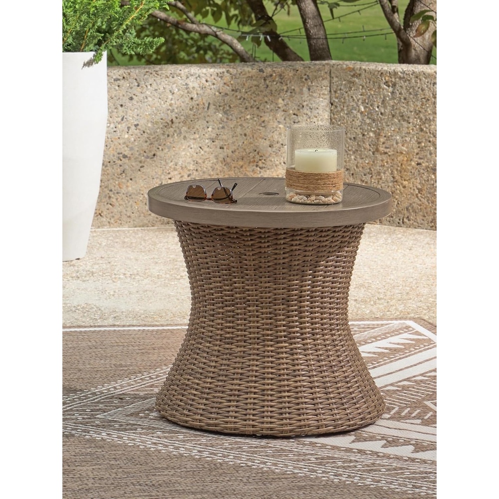 imageSignature Design by Ashley Revare Beach Casual Weather and Rust Resistant Outdoor End Table with Umbrella Hole Medium Brown