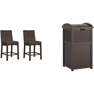 Signature Ashley Outdoor Wicker Barstools (2 Count) and Suncast 33 Gallon Resin Outdoor Trash Can