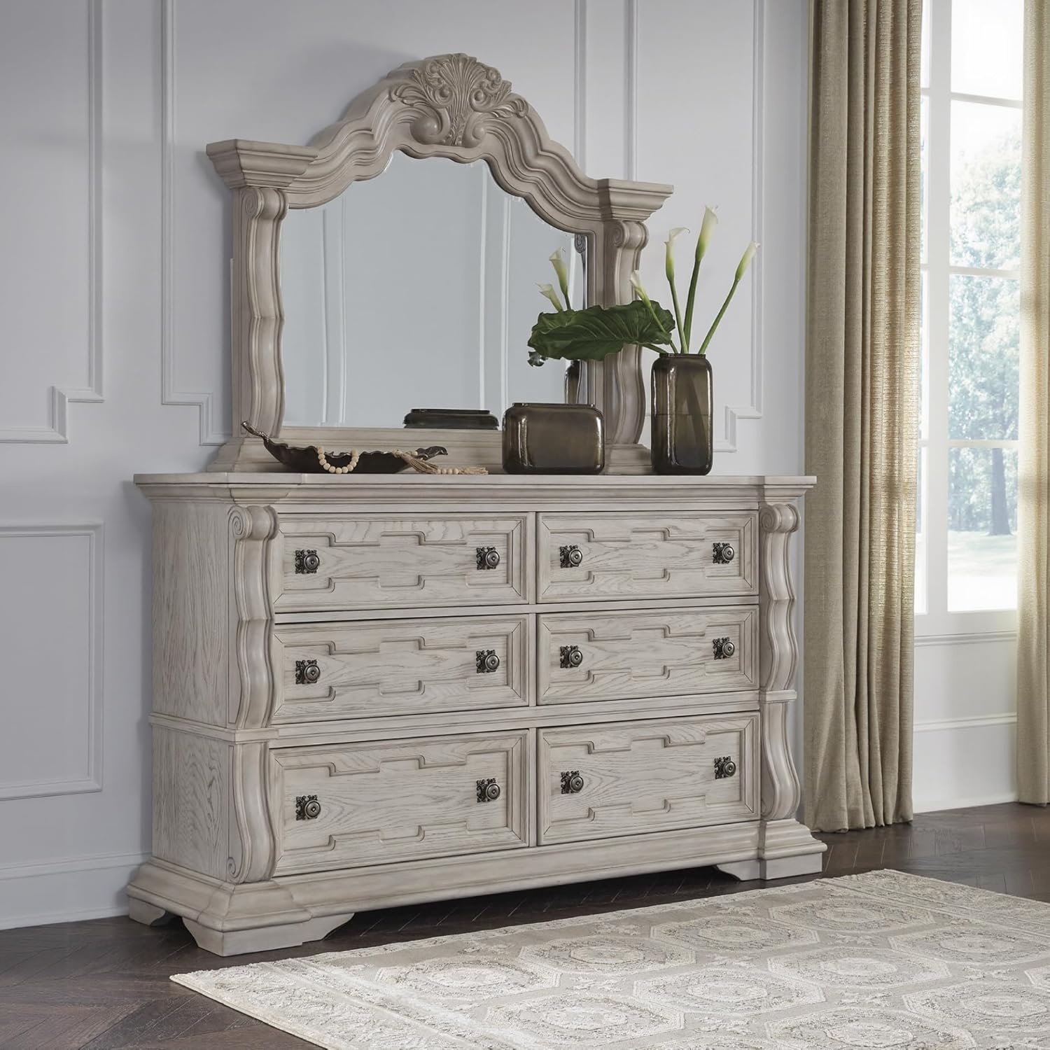 image:imageSignature Design by Ashley Andonhall Dresser and Mirror Ornate Traditional Storage with SmoothGlide Drawers Hardwood Solids and Veneers Bedroom Furniture Set Antiqued White
