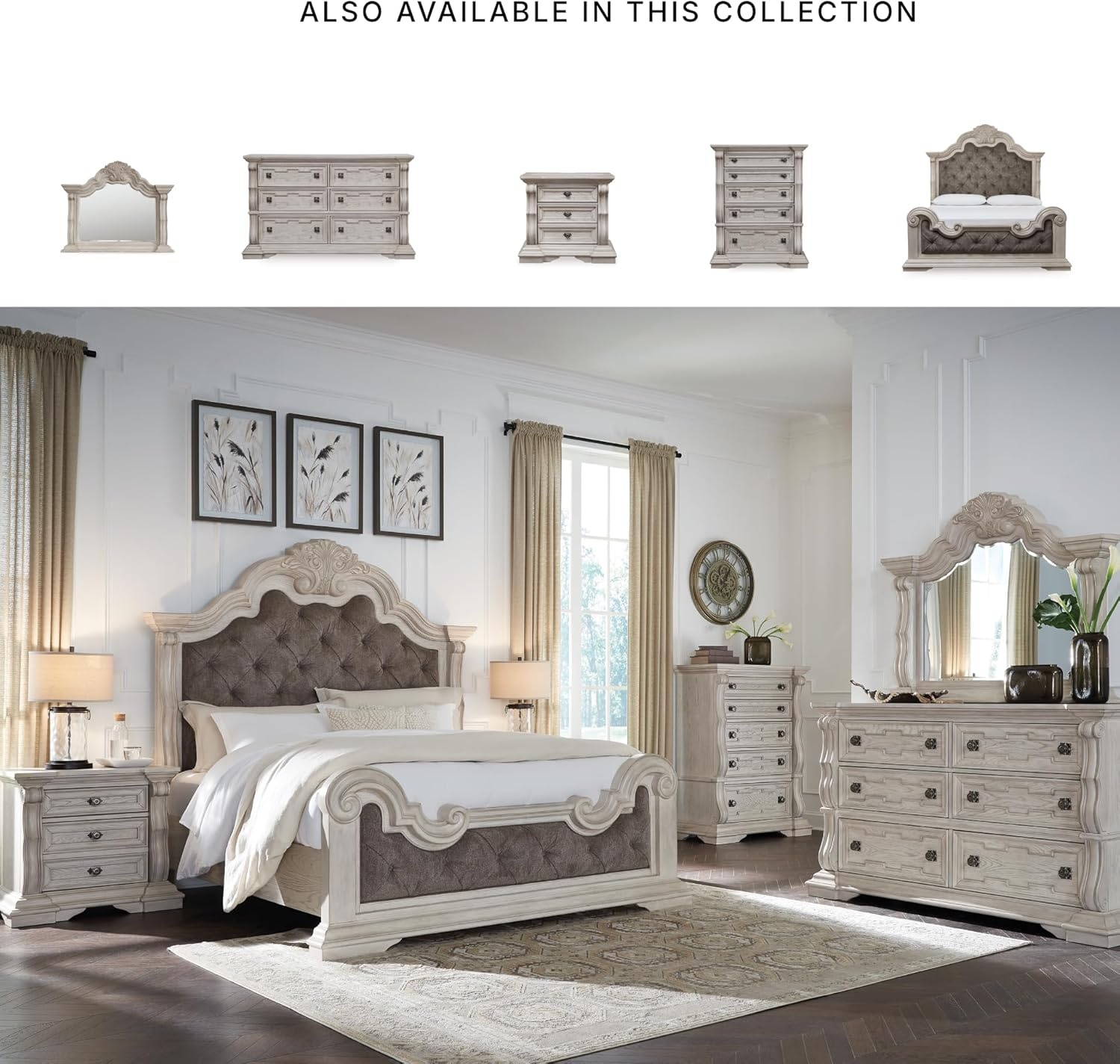 image:imageSignature Design by Ashley Andonhall Dresser and Mirror Ornate Traditional Storage with SmoothGlide Drawers Hardwood Solids and Veneers Bedroom Furniture Set Antiqued White