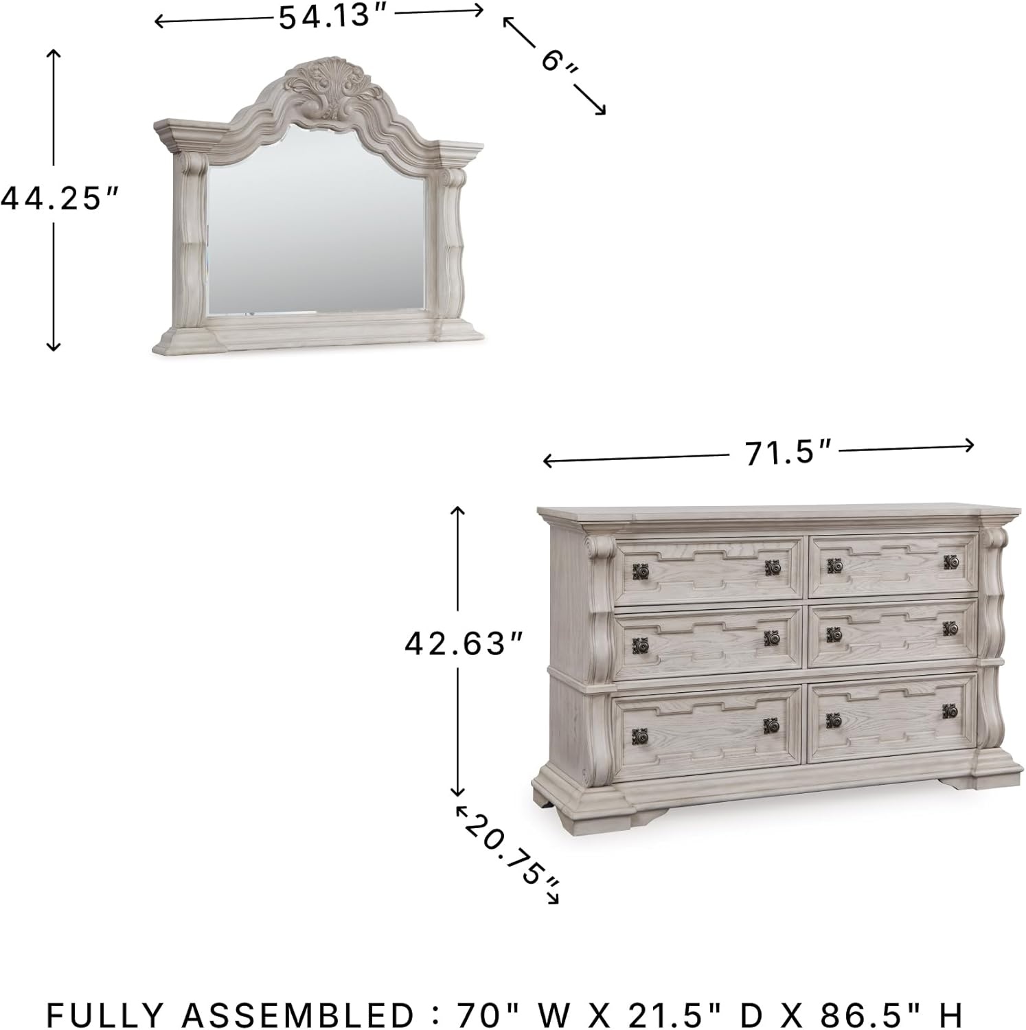 image:imageSignature Design by Ashley Andonhall Dresser and Mirror Ornate Traditional Storage with SmoothGlide Drawers Hardwood Solids and Veneers Bedroom Furniture Set Antiqued White