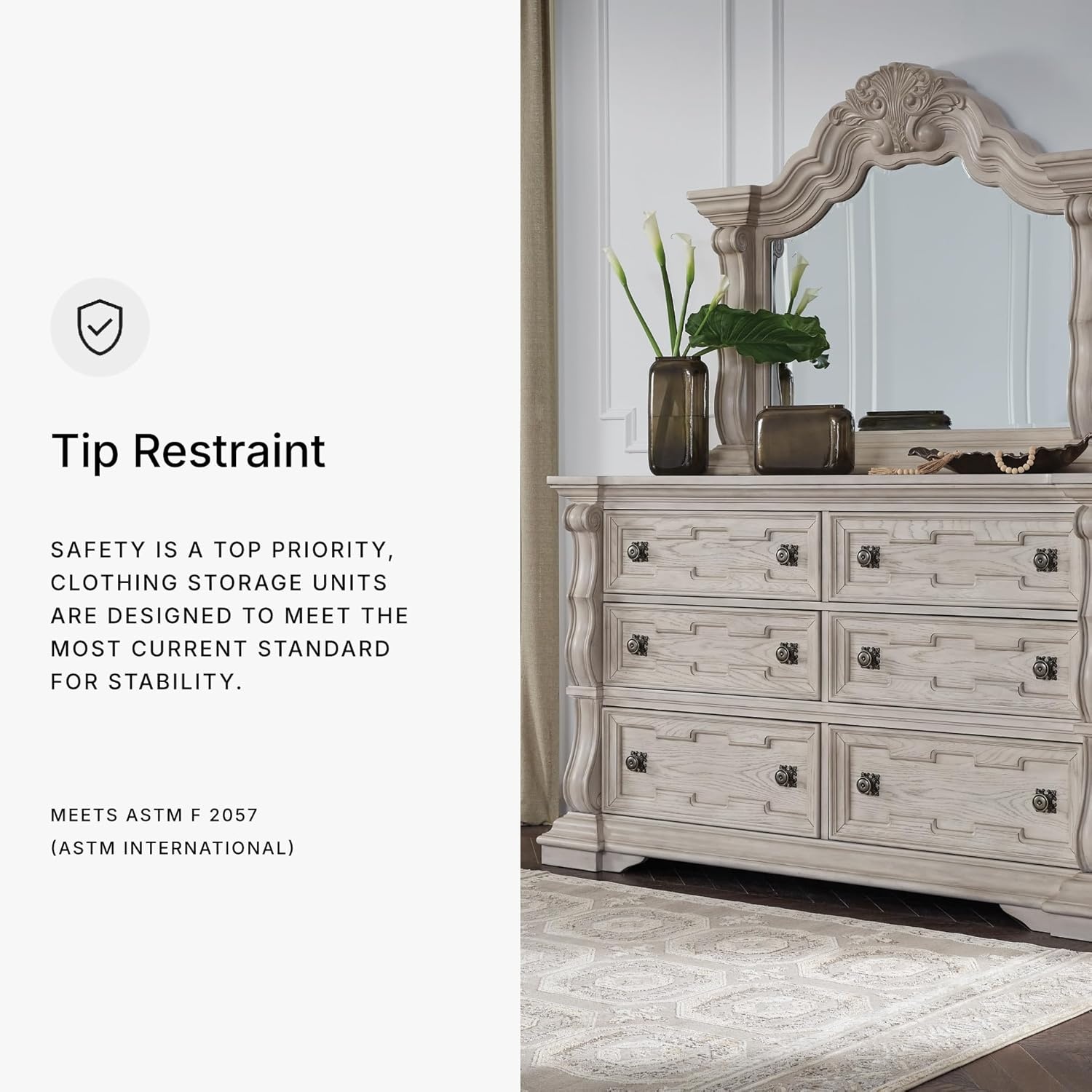 image:imageSignature Design by Ashley Andonhall Dresser and Mirror Ornate Traditional Storage with SmoothGlide Drawers Hardwood Solids and Veneers Bedroom Furniture Set Antiqued White