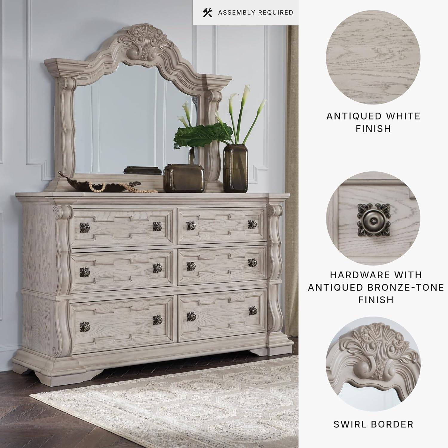 image:imageSignature Design by Ashley Andonhall Dresser and Mirror Ornate Traditional Storage with SmoothGlide Drawers Hardwood Solids and Veneers Bedroom Furniture Set Antiqued White