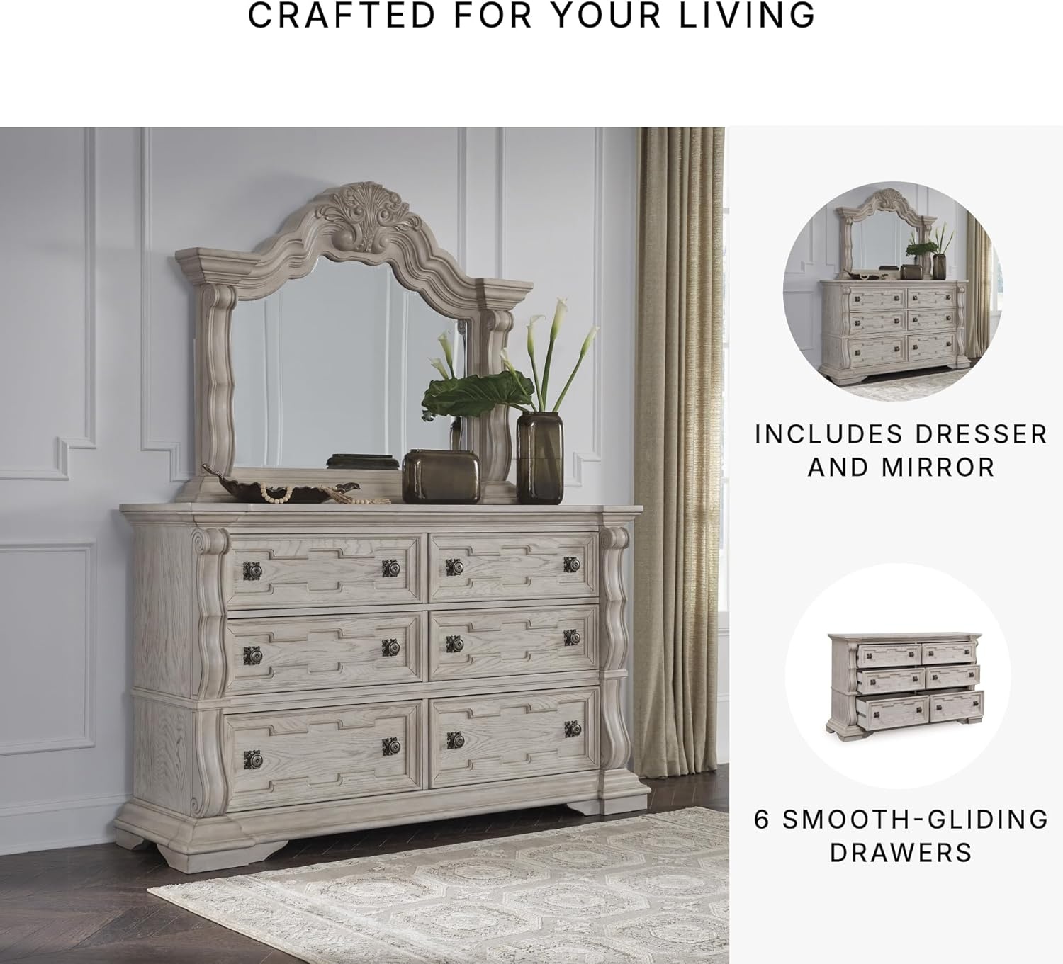 image:imageSignature Design by Ashley Andonhall Dresser and Mirror Ornate Traditional Storage with SmoothGlide Drawers Hardwood Solids and Veneers Bedroom Furniture Set Antiqued White