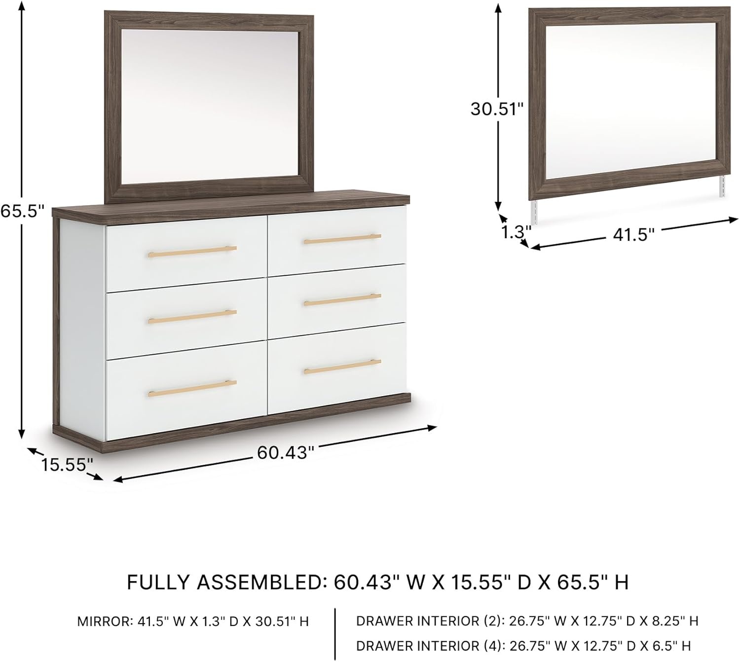 image:imageSignature Design by Ashley Mazilar Dresser with Mirror Bedroom Storage Engineered Wood and Decorative Laminate 6Drawer Design with Modern Hardware BrownMatte White