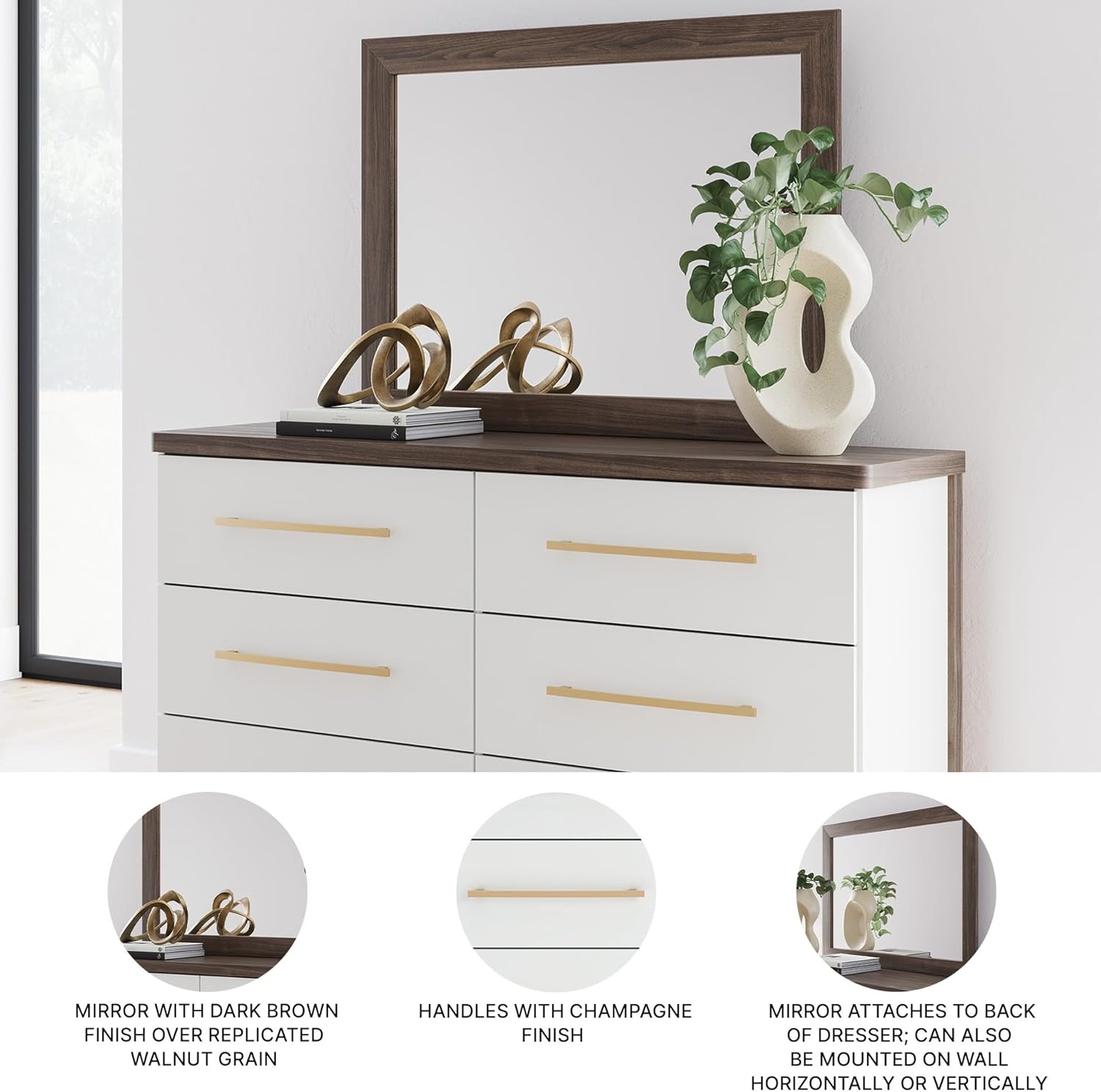 image:imageSignature Design by Ashley Mazilar Dresser with Mirror Bedroom Storage Engineered Wood and Decorative Laminate 6Drawer Design with Modern Hardware BrownMatte White