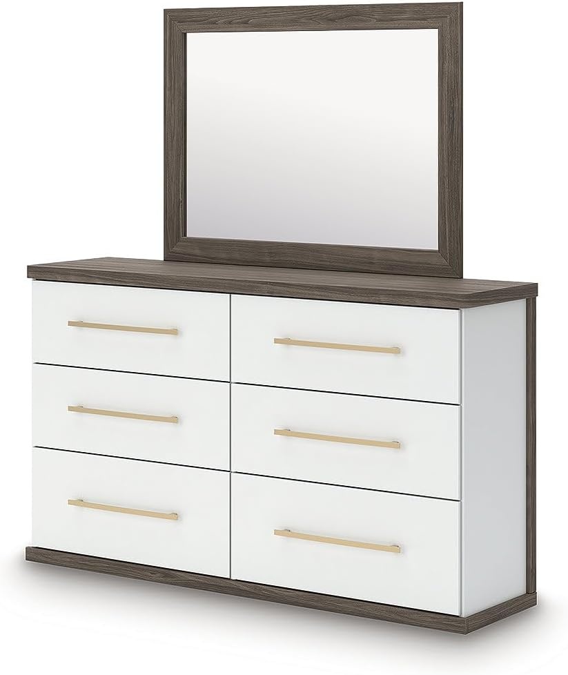 image:imageSignature Design by Ashley Mazilar Dresser with Mirror Bedroom Storage Engineered Wood and Decorative Laminate 6Drawer Design with Modern Hardware BrownMatte White