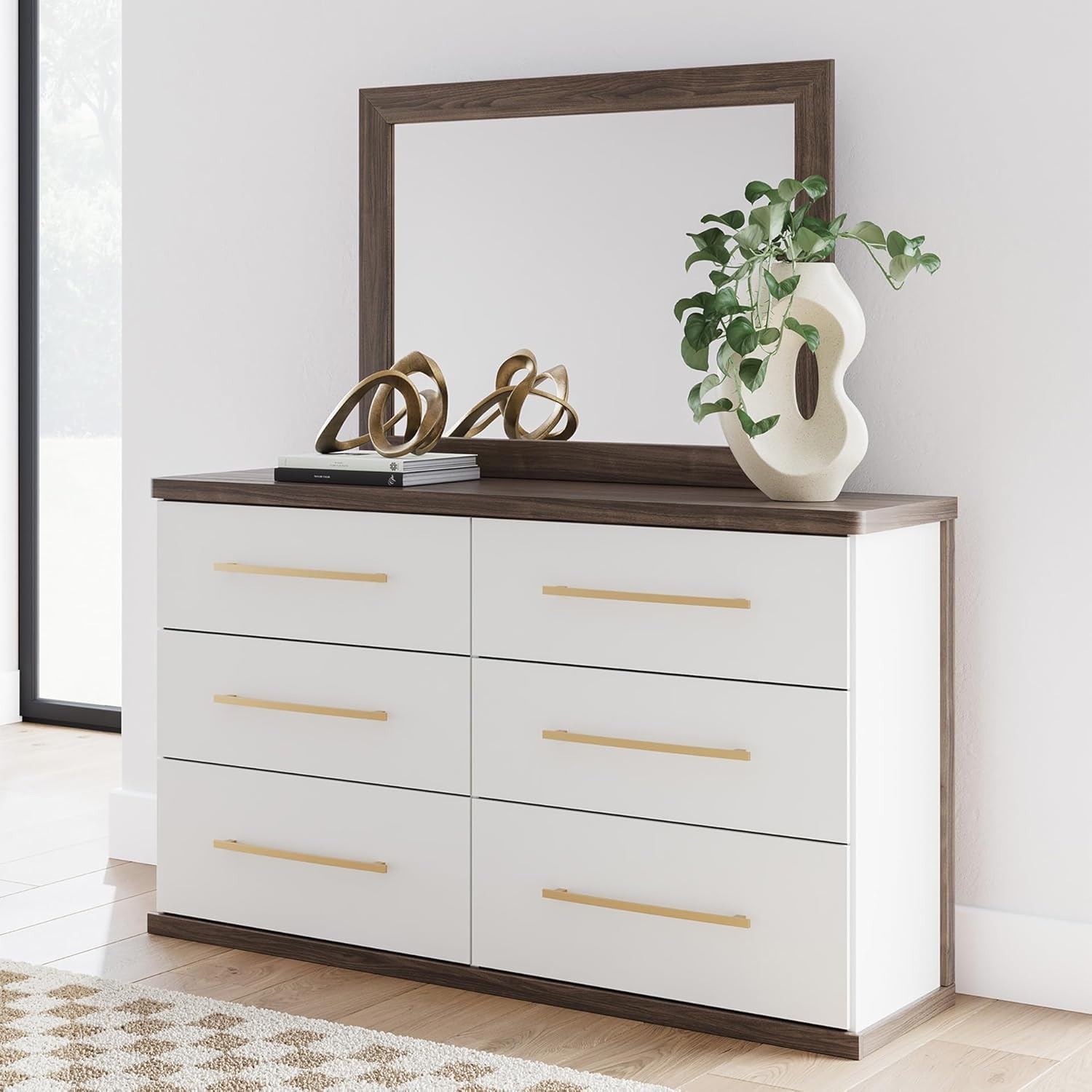 image:imageSignature Design by Ashley Mazilar Dresser with Mirror Bedroom Storage Engineered Wood and Decorative Laminate 6Drawer Design with Modern Hardware BrownMatte White