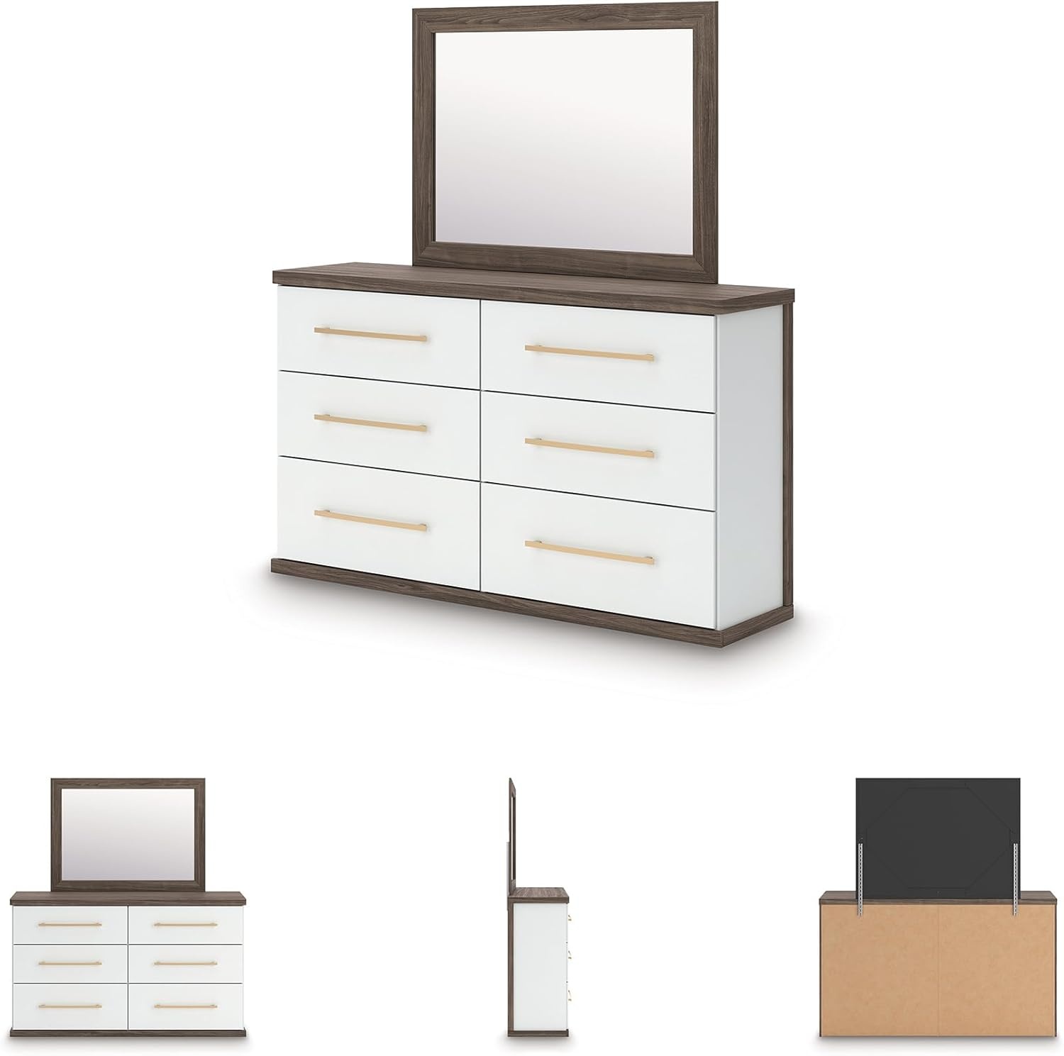 image:imageSignature Design by Ashley Mazilar Dresser with Mirror Bedroom Storage Engineered Wood and Decorative Laminate 6Drawer Design with Modern Hardware BrownMatte White