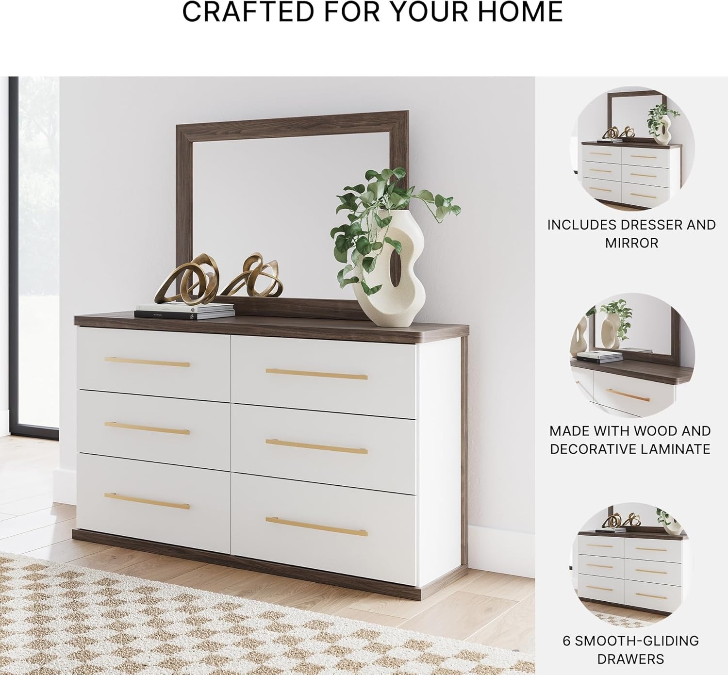 image:imageSignature Design by Ashley Mazilar Dresser with Mirror Bedroom Storage Engineered Wood and Decorative Laminate 6Drawer Design with Modern Hardware BrownMatte White