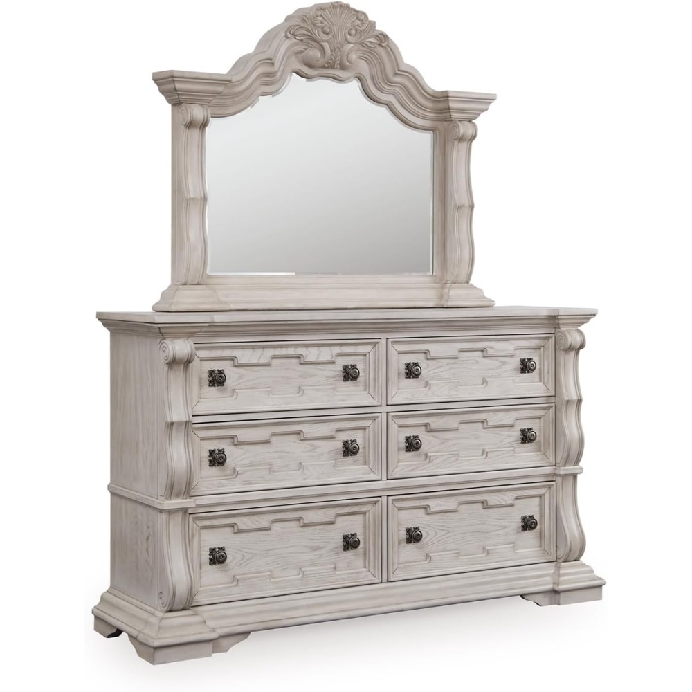 image:imageSignature Design by Ashley Andonhall Dresser and Mirror Ornate Traditional Storage with SmoothGlide Drawers Hardwood Solids and Veneers Bedroom Furniture Set Antiqued White