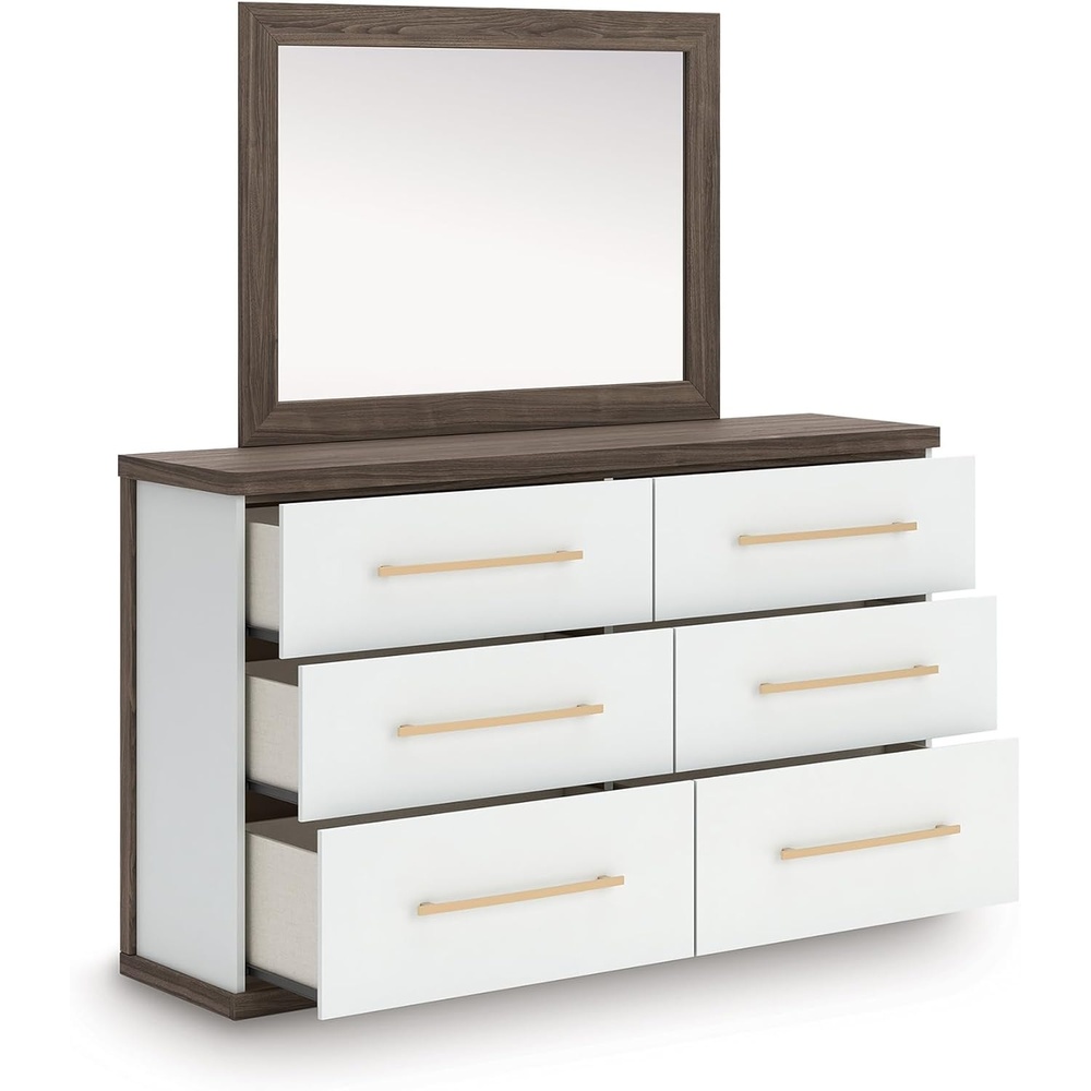image:imageSignature Design by Ashley Mazilar Dresser with Mirror Bedroom Storage Engineered Wood and Decorative Laminate 6Drawer Design with Modern Hardware BrownMatte White