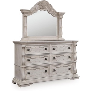 Signature Design by Ashley Andonhall Dresser and Mirror, Ornate Traditional Storage with Smooth-Glide Drawers, Hardwood Solids and Veneers, Bedroom Furniture Set, Antiqued White