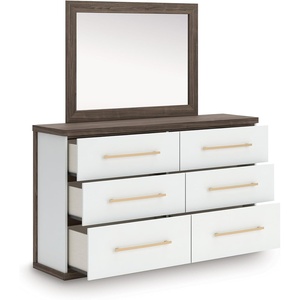 Signature Design by Ashley Mazilar Dresser with Mirror, Bedroom Storage, Engineered Wood and Decorative Laminate, 6‑Drawer Design with Modern Hardware, Brown/Matte White