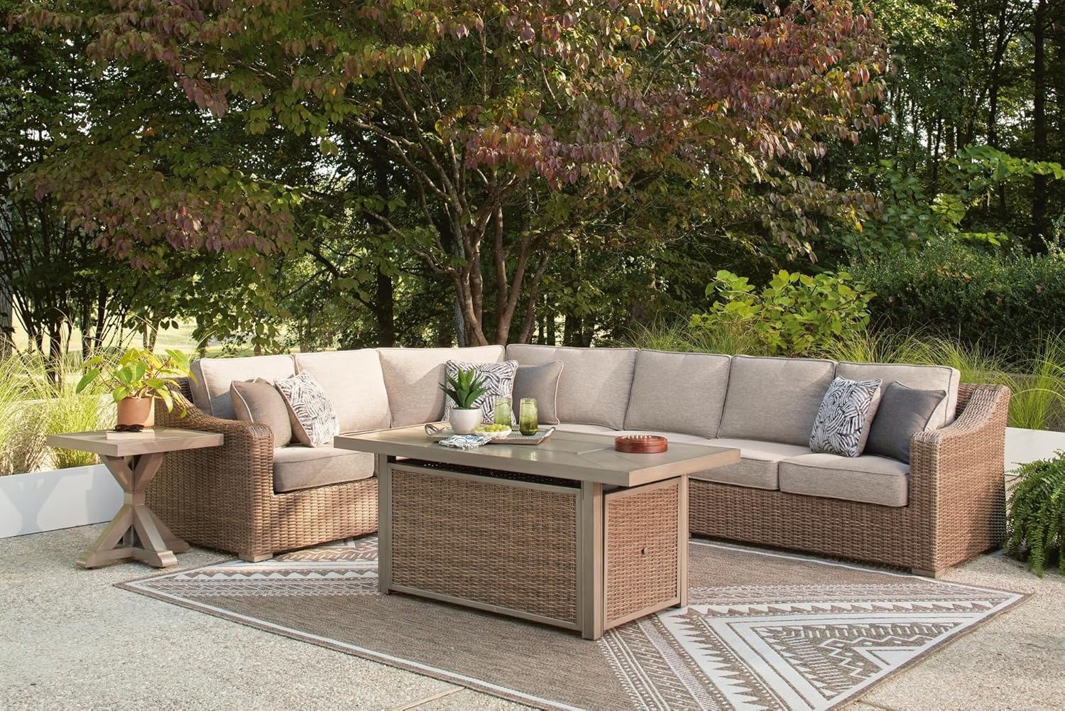 image:imageSignature Design by Ashley Carmel Bay Outdoor Square End Table Beige Patio Accent Table with Porcelain Top
