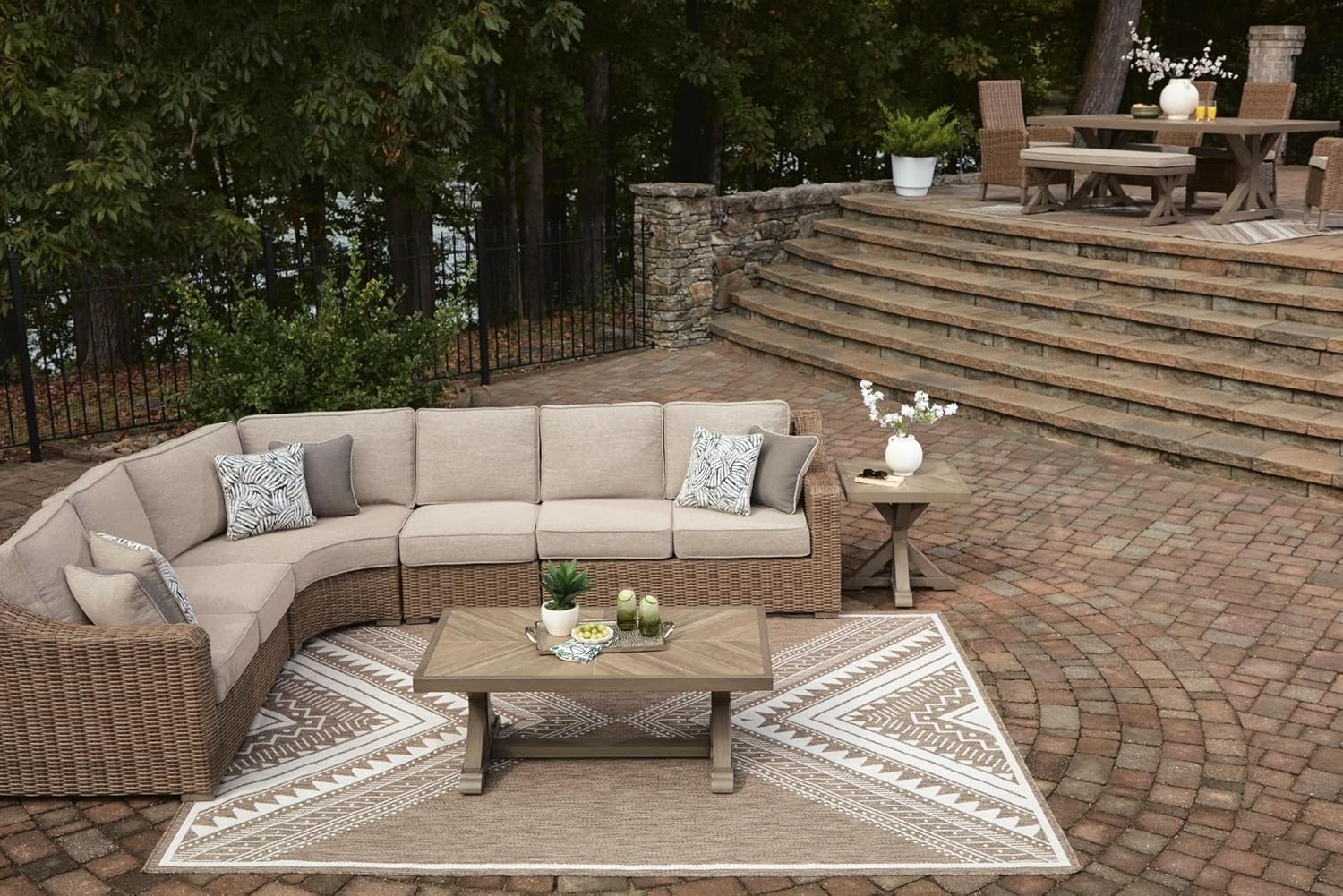 image:imageSignature Design by Ashley Carmel Bay Outdoor Square End Table Beige Patio Accent Table with Porcelain Top