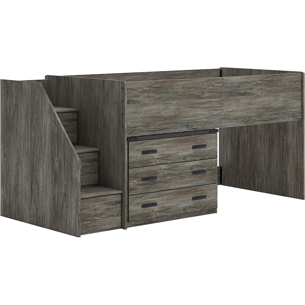 image:imageSignature Design by Ashley Frandern Twin Loft Bedframe with Storage Drawers Platform Bed with Steps SpaceSaving Wooden Bed Frame for Kids and Teens Rustic Warm Gray