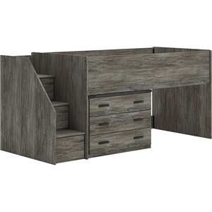 Signature Design by Ashley Frandern Twin Loft Bedframe with Storage Drawers, Platform Bed with Steps, Space‑Saving Wooden Bed Frame for Kids and Teens, Rustic Warm Gray