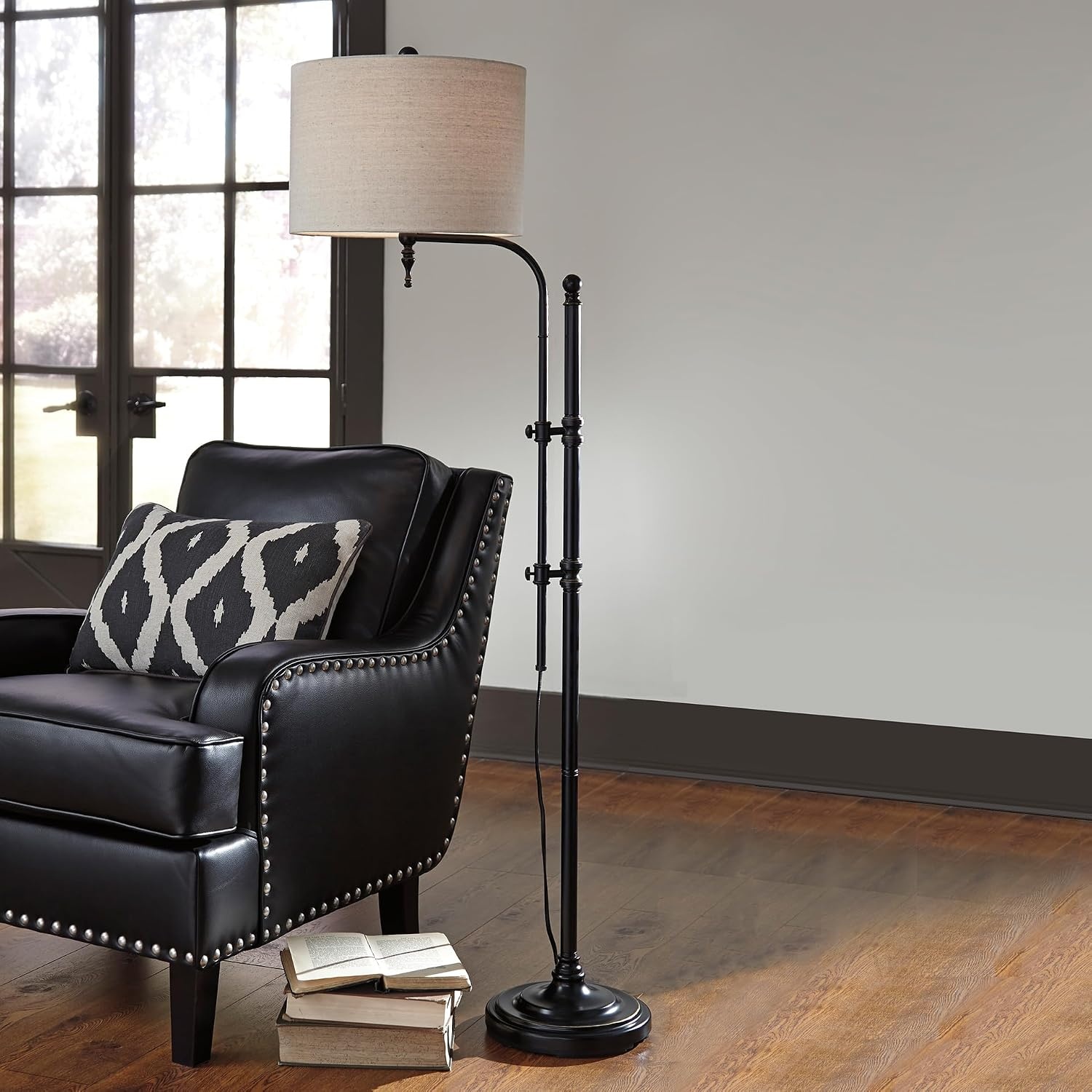 image:imageSignature Design by Ashley Anemoon Casual 6463 Metal Floor Lamp with Adjustable Arm Min Height 5488 Max Height 6463 Fabric Drum Shade BlackFloor