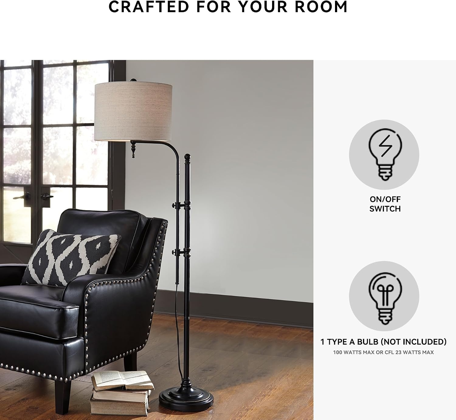 image:imageSignature Design by Ashley Anemoon Casual 6463 Metal Floor Lamp with Adjustable Arm Min Height 5488 Max Height 6463 Fabric Drum Shade BlackFloor