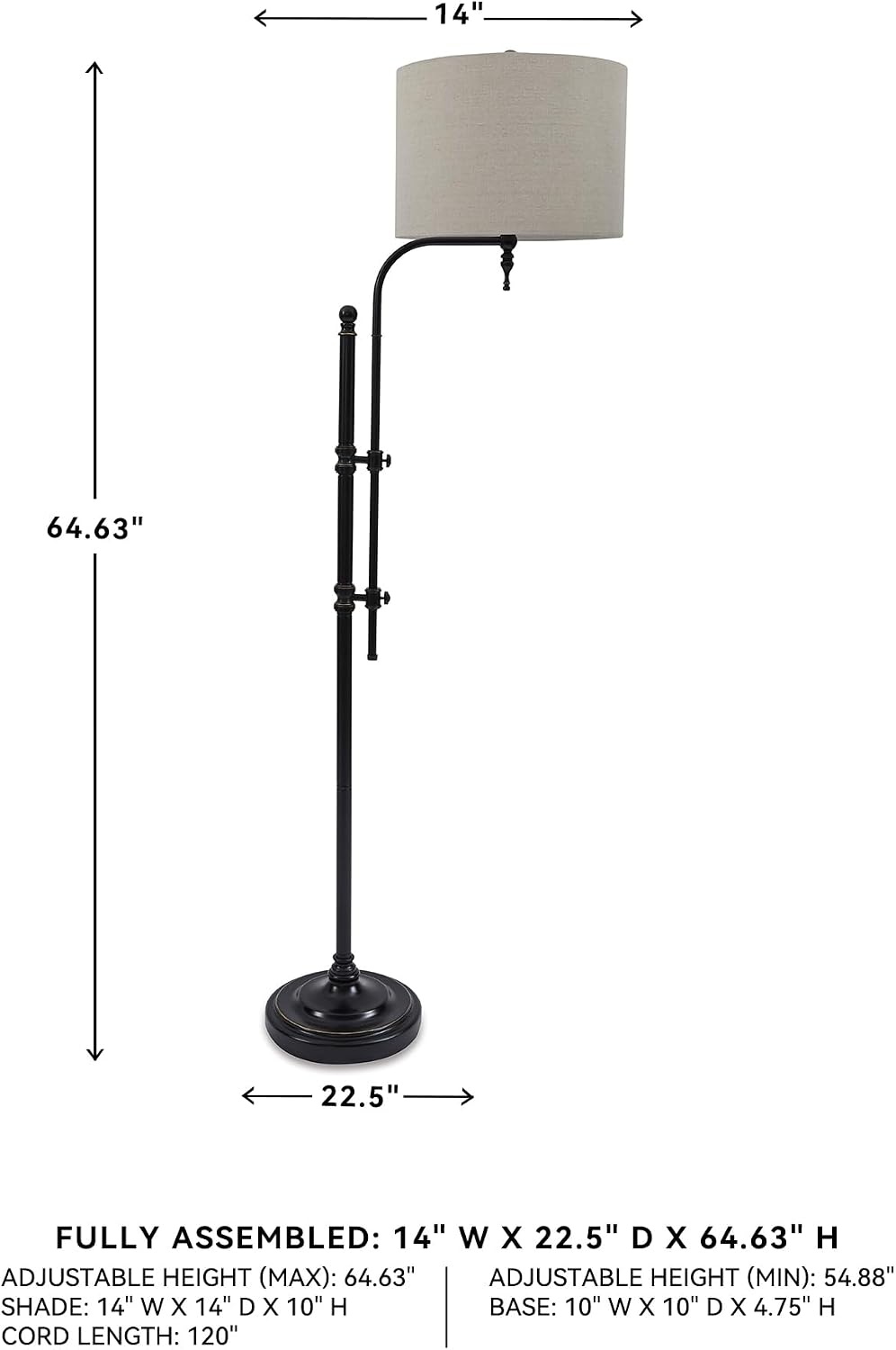 image:imageSignature Design by Ashley Anemoon Casual 6463 Metal Floor Lamp with Adjustable Arm Min Height 5488 Max Height 6463 Fabric Drum Shade BlackFloor