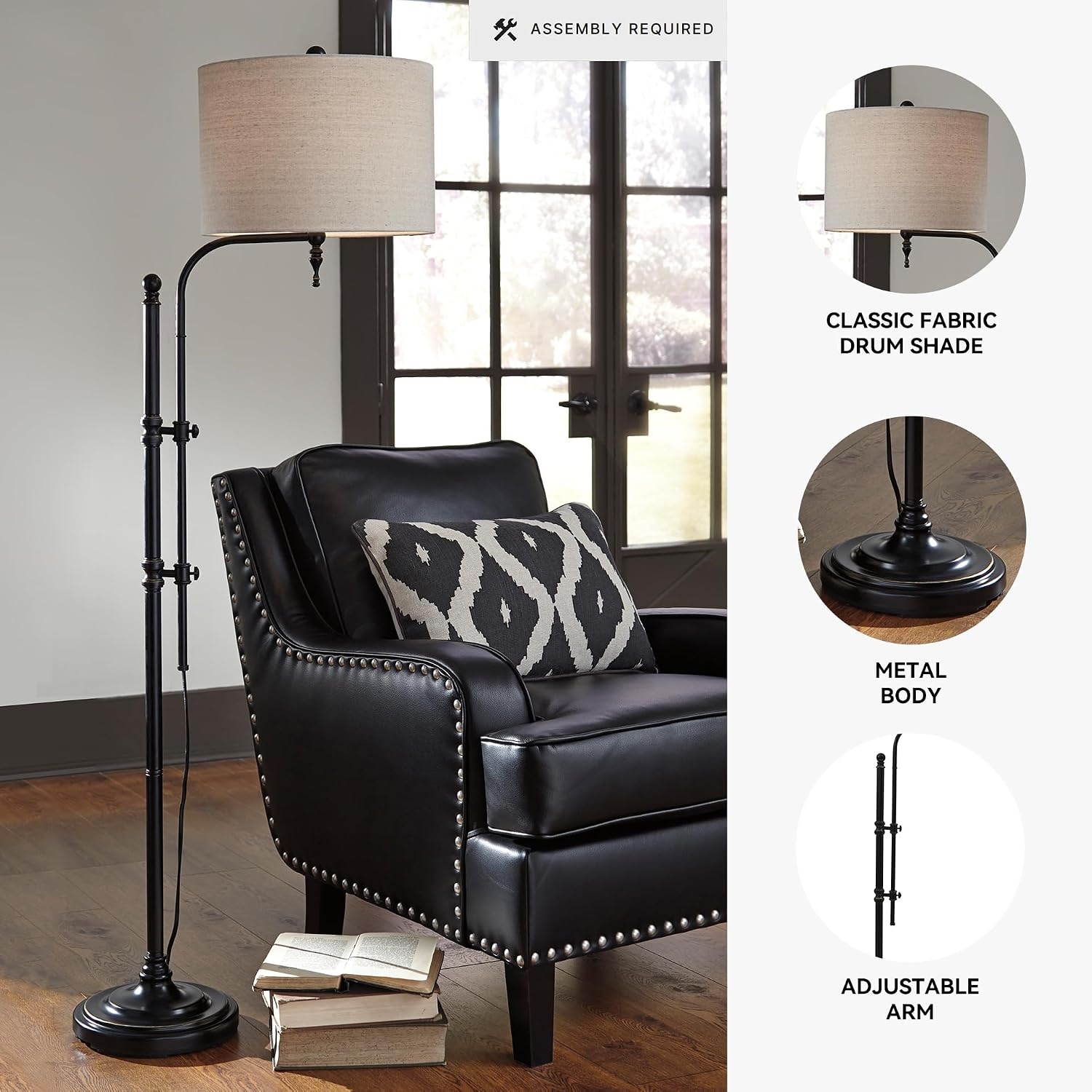 image:imageSignature Design by Ashley Anemoon Casual 6463 Metal Floor Lamp with Adjustable Arm Min Height 5488 Max Height 6463 Fabric Drum Shade BlackFloor