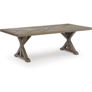 Signature Design by Ashley Carmel Bay Casual Weather and Rust Resistant Outdoor Dining Table with Porcelain Tabletop and Umbrella Hole, Grayish Brown