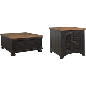 Signature Design by Ashley Valebeck Farmhouse Lift Top Coffee Table with Storage, Distressed Brown & Black Finish, 36 in x 36 in x 18 in and Rectangular End Table with Storage, Distressed Brown & Black Finish