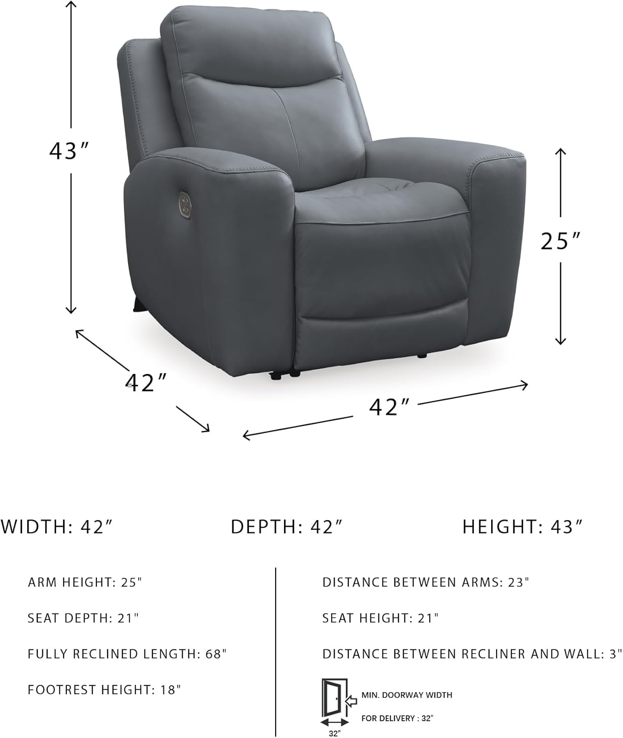 image:imageSignature Design by Ashley Mindanao Contemporary Leather Match Upholstered Power Recliner with Adjustable Headrest Gray