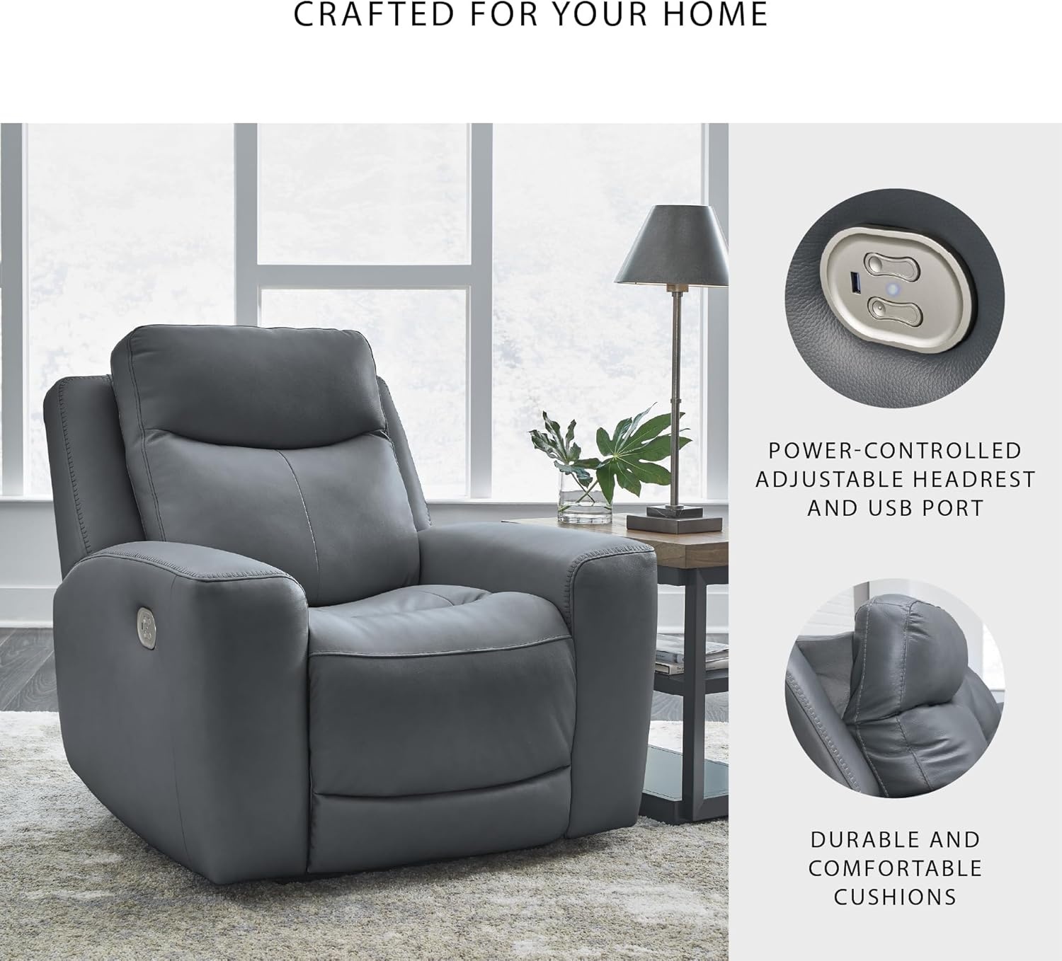 image:imageSignature Design by Ashley Mindanao Contemporary Leather Match Upholstered Power Recliner with Adjustable Headrest Gray
